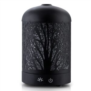 Black essential oil diffuser with tree silhouette cutout and two front buttons for light and power