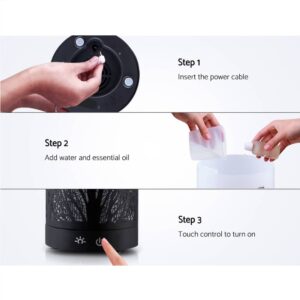 Three-step guide showing how to set up an essential oil diffuser: plug in cable, add water and oil, press power button