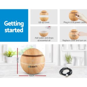 Devanti wood-grain spherical diffuser with USB cable; four-step setup guide shown with home background
