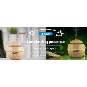 Devanti diffuser shown in bright and dark settings with mist output; text highlights 130ml capacity and 4-hour runtime