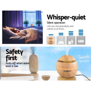 Devanti diffuser emitting mist beside sleeping person; sound level chart and safety auto-off feature highlighted
