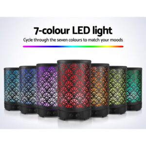 Seven cylindrical LED lights with floral cutout design glowing in different colours; gradient bar shows full spectrum