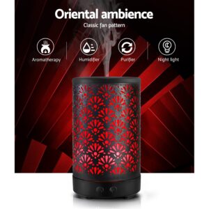 Black cylindrical diffuser with red oriental fan pattern emitting vapor; icons highlight aromatherapy, humidifier, purifier, and night light functions