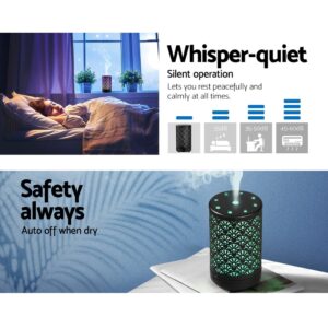 Essential oil diffuser emitting mist beside sleeping person; sound level chart and auto-off safety feature highlighted