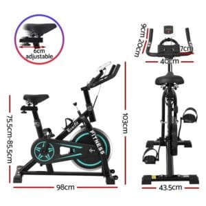 exercise bike shown from side and front angles with labeled measurements including 98 cm length, 75.5–85.5 cm adjustable seat height, 103 cm handlebar height, and 43.5 cm base width