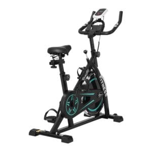 exercise bike with black frame and teal flywheel, adjustable seat and handlebars, foot strap pedals, and digital monitor for indoor cardio training