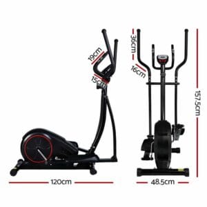 side and front view of Powertrain elliptical exercise machine in black and red, showing labeled dimensions including 120cm length, 157.5cm height, and 48.5cm base width, with multiple handlebar height measurements