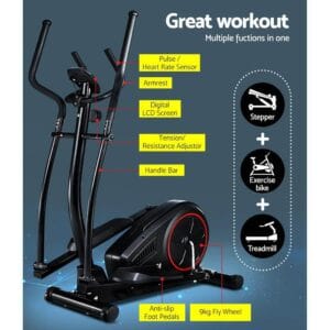 labeled diagram of black and red fitness machine combining stepper, bike, and treadmill functions with pulse sensor, armrest, LCD screen, resistance adjustor, anti-slip pedals, and 9kg flywheel