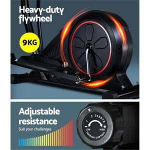 split view of elliptical machine showing glowing red 9kg flywheel and close-up of resistance knob with 1–8 tension levels labeled from LOW to HIGH