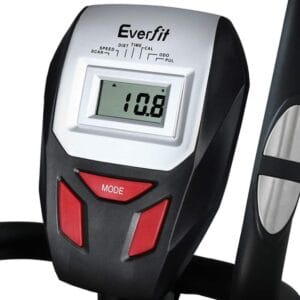 close-up of Everfit exercise machine console showing 10.8 reading on screen, surrounded by labels for speed, scan, distance, time, calories, odometer, and pulse, with two red MODE buttons
