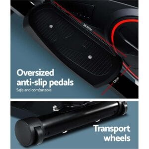 split image showing 36.5cm x 12cm oversized anti-slip pedals for safety and comfort, and close-up of transport wheels for easy mobility on elliptical exercise machine