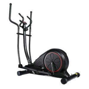 black elliptical exercise machine featuring dual vertical handlebars, central flywheel housing with red accents, foot pedals, and stabilizing base with rubber end caps for balanced cardio workouts