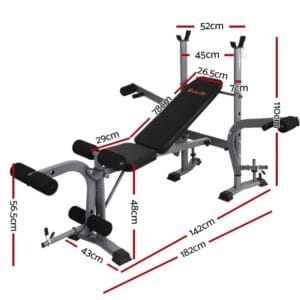 strength training bench with labeled measurements including 110 cm vertical bar height, 78 cm backrest height, 43 cm leg developer length, and total equipment length of 182 cm, shown with preacher pad, barbell rack, and leg attachments