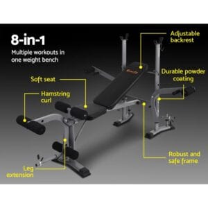 Eureka multi-functional weight bench with adjustable backrest, powder-coated frame, soft seat, hamstring curl and leg extension attachments, designed for versatile home strength training