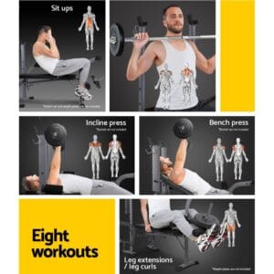 collage showing sit ups for abs, barbell shoulder press for deltoids and triceps, incline and bench press for chest, and leg extensions/curls for quads and hamstrings, with anatomical diagrams and exercise labels