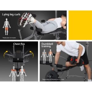 collage showing workout bench used for lying leg curls targeting hamstrings, chest flys for pectorals, and dumbbell bent-over rows for biceps and back, with muscle diagrams and exercise labels