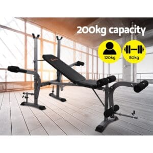 Everfit adjustable weight bench with preacher curl pad, leg developer, and barbell rack, shown in modern indoor space with icons indicating 120kg user weight and 80kg load for total 200kg capacity