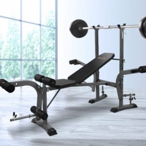 Everfit multi-functional weight bench setup in bright room with large windows, barbell and weight plates on rack, leg extension and curl attachments, and view of outdoor greenery