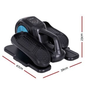 compact elliptical exercise machine with textured foot pedals, central control unit, and black and blue frame, labeled dimensions of 47cm length, 39cm width, and 23cm height for under-desk use