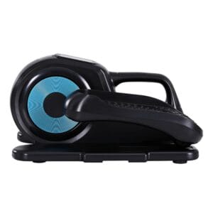mini elliptical trainer designed for under-desk use featuring black frame, textured foot pedals, and prominent blue circular flywheel, ideal for low-impact seated workouts in small spaces