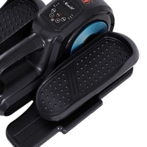 compact under-desk elliptical machine branded Everfit featuring textured foot pedals, central control panel with display screen and buttons, and side flywheel with blue accent for low-impact seated workouts