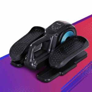 compact elliptical trainer featuring textured foot pedals, central digital console with buttons, and blue-accented flywheel, set against vibrant gradient background in purple, pink, and red tones