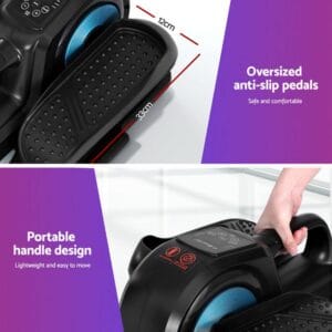 split image showing 33cm x 12cm oversized textured pedals labeled safe and comfortable, and a hand gripping the built-in handle of compact exercise machine for lightweight portability