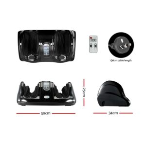 black foot massager with dual compartments, digital control panel, remote control, and power plug, shown from multiple angles with labeled dimensions including width 59cm, height 25cm, depth 34cm, and cable length 136cm