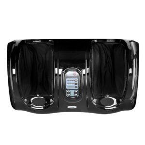Black Homedics foot massager with dual foot compartments and central control panel featuring labeled buttons for Mode, Speed, Direction, and Power, designed for personal wellness and relaxation