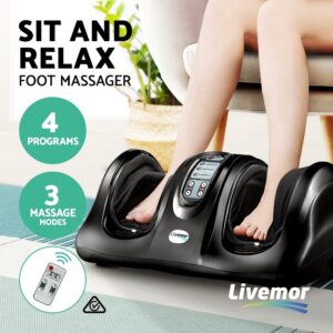 Person seated with feet in Livemor foot massager, black device with top control panel and wireless remote, promotional text highlighting 4 programs, 3 massage modes, auto timer, and quiet operation in cozy home setting
