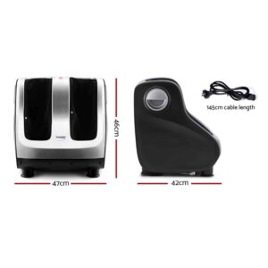 foot and calf massager shown from front and side views with silver and black exterior, dual padded foot slots, circular side detail, and labeled dimensions of 47cm width, 46cm height, 42cm depth, and 145cm power cable length