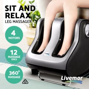 Person seated using Livemor leg massager in light-colored chair with plant in background, promotional overlay listing features including 4 motors, 12 massage discs, and 360° massage, emphasizing comfort and relaxation in home environment