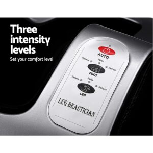 Close-up of Livemor massager control panel showing AUTO button and labeled intensity settings Relieve, Relax, Refresh for both FOOT and LEG modes, promotional text highlighting three comfort levels and customizable massage experience