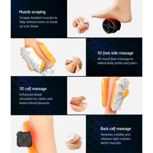 Promotional graphic for Livemor foot and calf massager showing four therapy modes: muscle scraping, 3D foot side massage, 3D calf massage, and back calf massage, each with descriptive text and visuals highlighting toxin release, pain relief, circulation boost, and mobility restoration