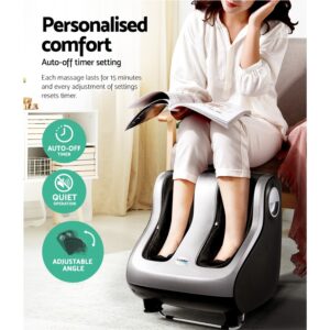 Person seated on chair using Livemor foot and calf massager while reading magazine, promotional overlay listing features including auto-off timer, quiet operation, and adjustable angle, emphasizing personalized comfort and 15-minute massage cycle