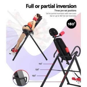 inversion table with person in inverted position, showing preset angles of 110°, 130°, 150°, and full 180° inversion, rear crossbar for partial settings, padded supports, and locking mechanism for back relief