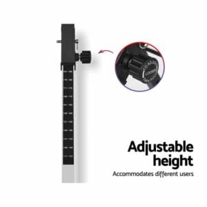 Inversion table adjustable height measurement tool with vertical scale from 140 to 185 cm, close-up of adjustment knob labeled TO ADJUST HEIGHT TURN KNOB and LOOSEN, designed for customizable user measurements