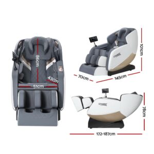 Livemor massage chair shown in front, side, and reclined views with labeled dimensions in centimeters: front height 86cm, width 51cm, seat width 43cm; upright side height 101cm, depth 145cm, width 70cm; reclined side height 78cm, depth 172–187cm