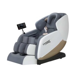 Livemor massage chair with dark gray and white upholstery and beige base accent, featuring padded sections for back, arms, legs, and feet, ergonomic contours, and mounted flexible arm control panel for customizable massage settings