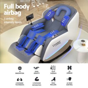Livemor massage chair with sleek design and mounted control screen, highlighted blue airbags around shoulders, arms, legs, and feet, text showing Full body airbag and 3 airbag intensity levels, icons for AI Innovation, Zero Gravity, Heat Therapy, 20 Airbags, AI Voice Control, Sole Rollers, and multiple massage techniques