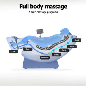 diagram of Livemor massage chair in reclined position showing labeled massage zones for feet, legs, buttocks, waist, back, neck, and head, with text Full body massage and 5 auto massage programs, plus mounted control screen