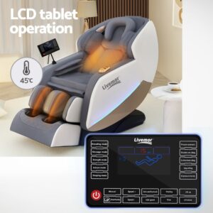 Livemor massage chair in modern living room with white and gray design, LCD tablet interface showing 15-minute timer and reclining figure, highlighted heating zones at 45°C on back and legs, control panel options including kneading, shiatsu, air pressure, zero gravity, calf and shoulder airbags, leg lifting and sliding