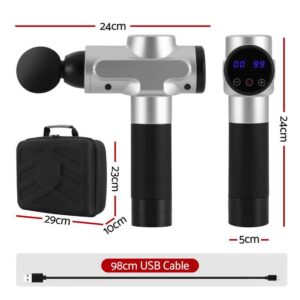 massage gun shown from side and front views with labeled dimensions of 24cm length, 24cm height, and 5cm width, includes 29x23x10cm carry case and 98cm USB charging cable