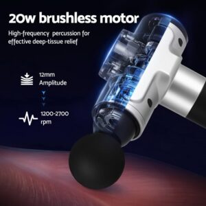Everfit massage gun with partially transparent view showing internal 20W brushless motor, black spherical attachment, specifications listed including 12mm amplitude and 1200–2700 rpm range, promotional graphic highlighting high-frequency percussion for effective deep-tissue relief