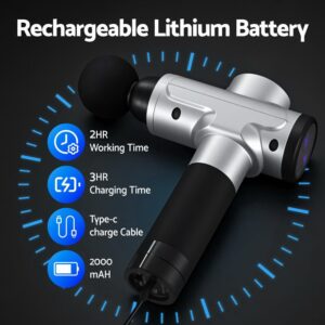 Everfit massage gun in silver and black design with round massage head, promotional graphic highlighting rechargeable lithium battery, 2000mAh capacity, 2-hour working time, 3-hour charging time, and Type-C charge cable with blue energy background