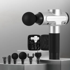 Everfit massage gun in silver and black finish displayed upright with six interchangeable massage heads arranged below, plus carrying case containing gun, charger, and accessories for versatile muscle recovery and personal wellness