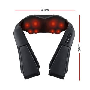 black U-shaped neck and shoulder massager with glowing red massage nodes, control panel with buttons, and labeled dimensions of 45cm width and 50cm length