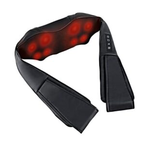 Black Livemor neck and shoulder massager with infrared heating and rotating red-lit massage nodes, worn around neck with arm loops and side control panel, designed for stress relief and muscle relaxation