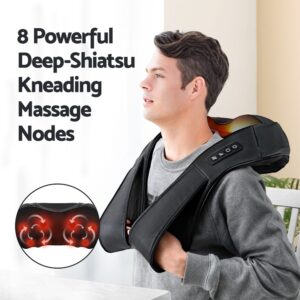 Person using Livemor neck and shoulder massager with arm loops and side control panel, inset graphic showing internal mechanism with 8 red-lit deep-shiatsu kneading massage nodes, emphasizing heat therapy and muscle tension relief