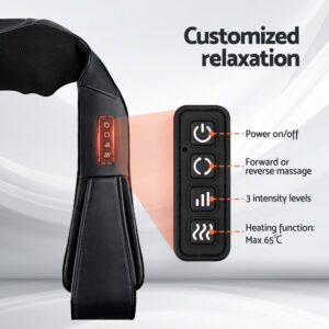 Black Livemor massage device with close-up of control panel showing four buttons for power, massage direction, three intensity levels, and heating up to 65°C, set against gradient background with text Customized relaxation